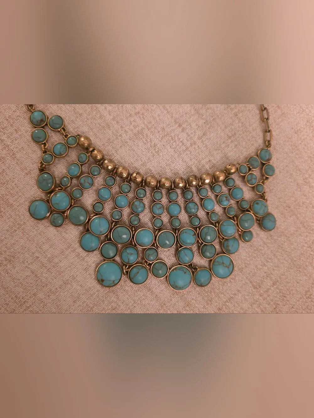 Lucky Brand Turquoise Statement Bib Necklace Gold Tone Boho 18”